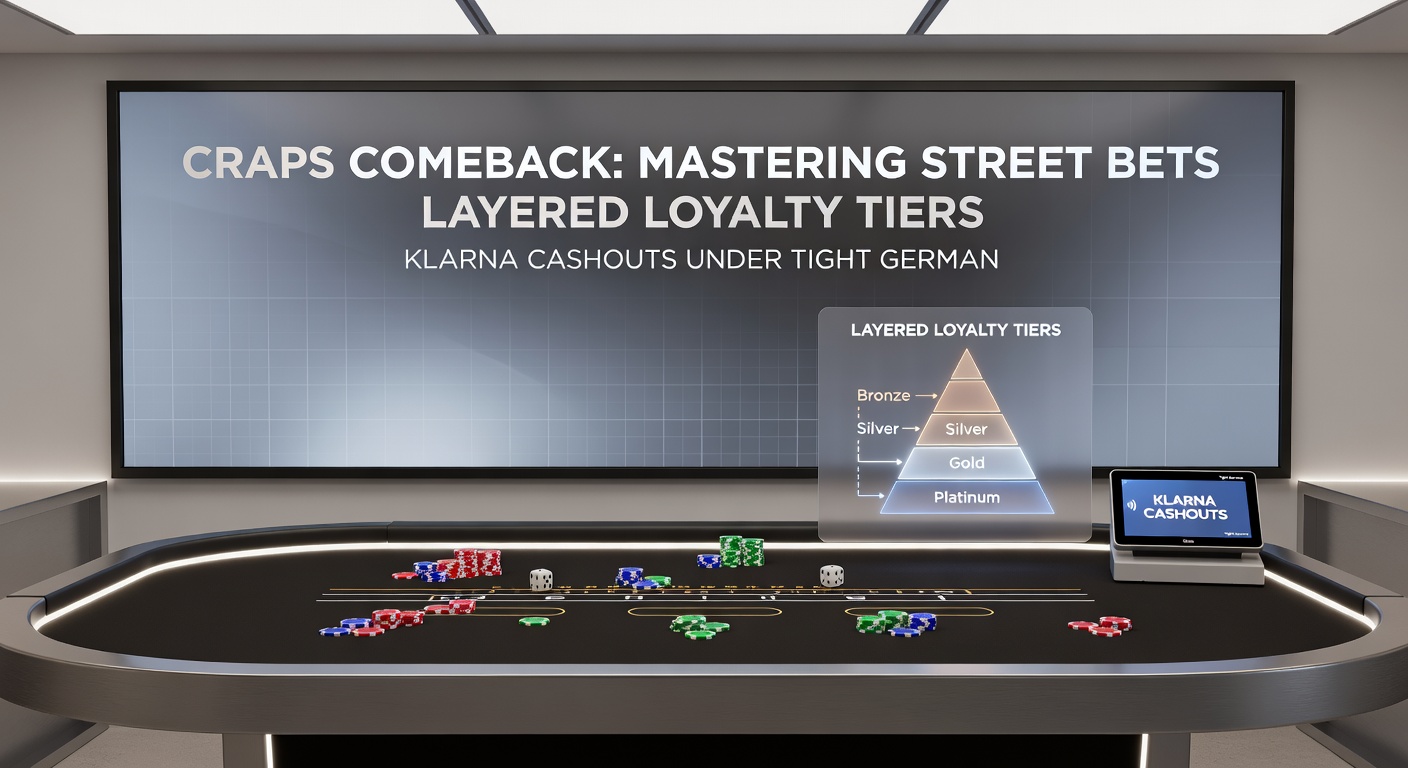 Grafik mit gestaffelten Loyalty-Tiers, Klarna-Zahlungsoptionen und einem Craps-Tisch unter dem Logo der deutschen Glücksspielaufsicht, die schnelle Auszahlungen und Belohnungen illustriert