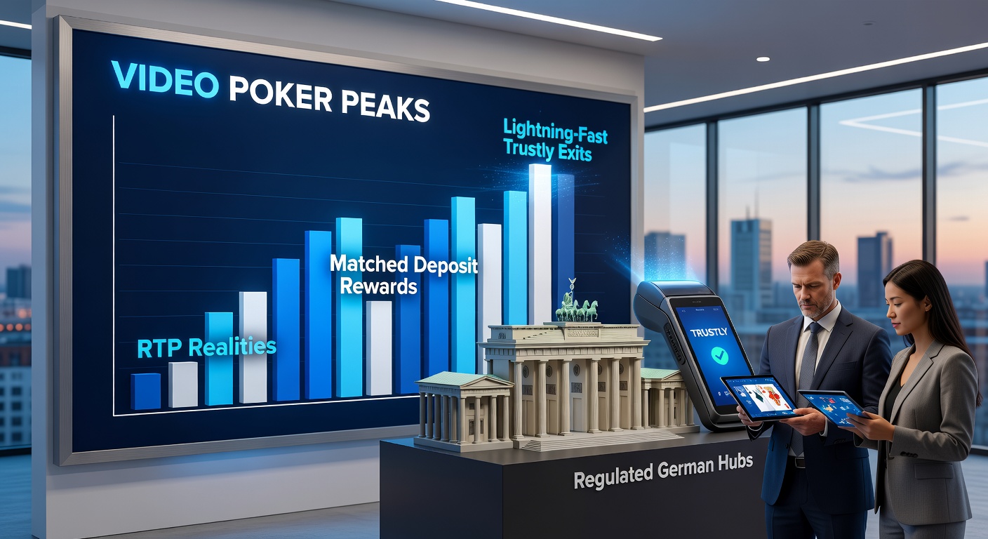 Video Poker Maschine mit leuchtenden Karten und RTP-Anzeige in einem modernen deutschen Casino-Hub